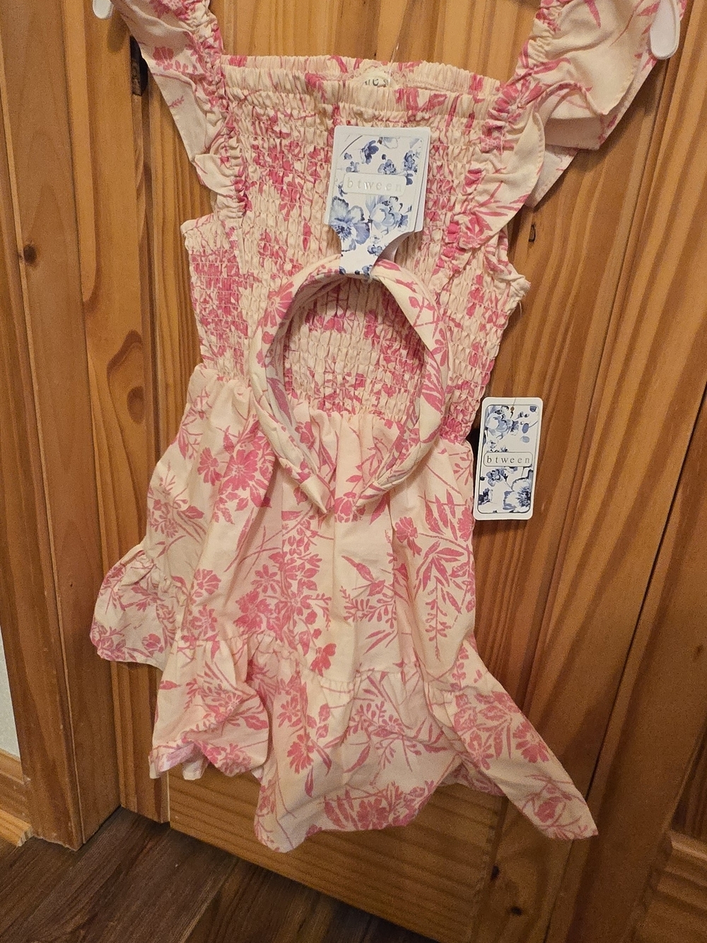 btween Cream Dress with Pink Floral Print and Matching Headband Sz 5 Nwt